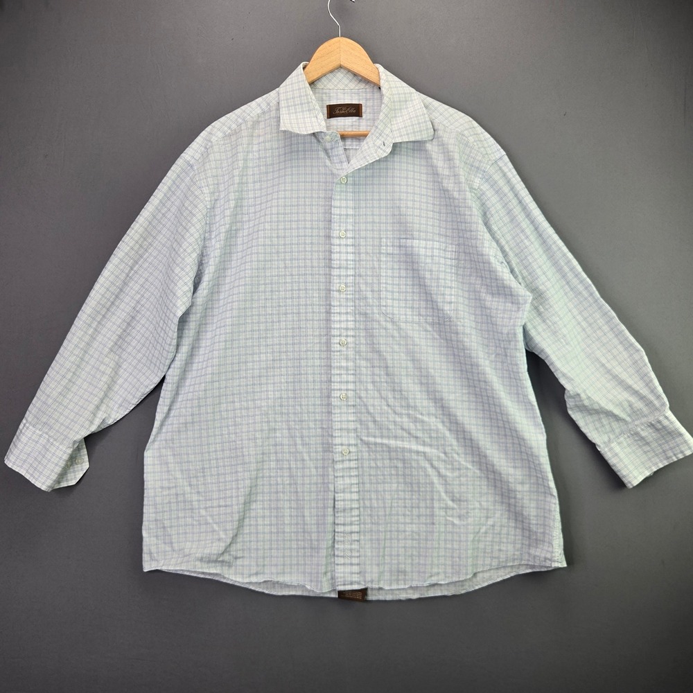 Tasso Elba Button Up Shirt XL 17.5 32/33 Blue White Grid Plaid Cotton L/S